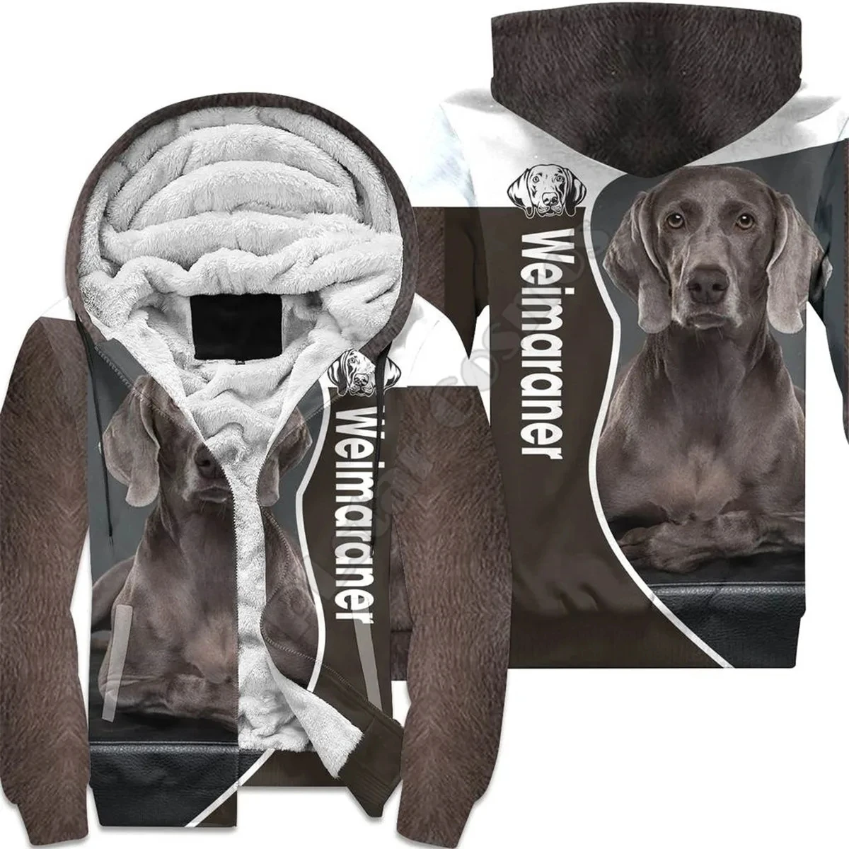 Men's Winter Velvet Zipper Coat Weimaraner 3D Printed Zipper Hoodie Unisex Street Leisure Sports Warm Double Velvet Jacket