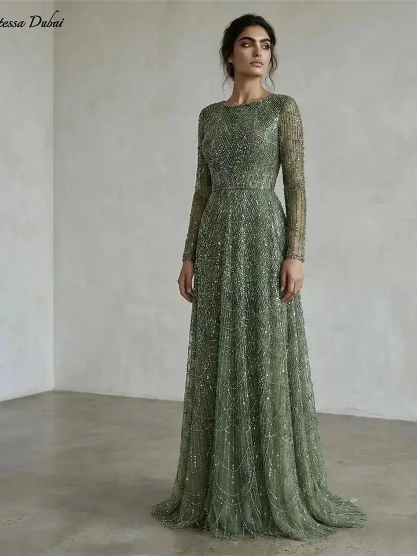 Contessa Custom elegante avondjurk van tule met kralen, lange mouwen, bootnek, lange lengte, A-lijn, glamoureus, sprankelend, voor gala's en feesten - afbeelding 2