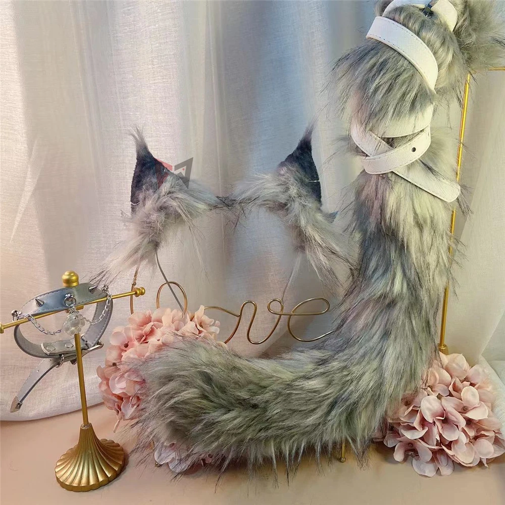 Maine Kitten Coon Gray Cat Ears Hairhoop Tail Necklace Earrings Cosplay Carnaval Gothic Lolita Acessories Hair Hoop Headwear