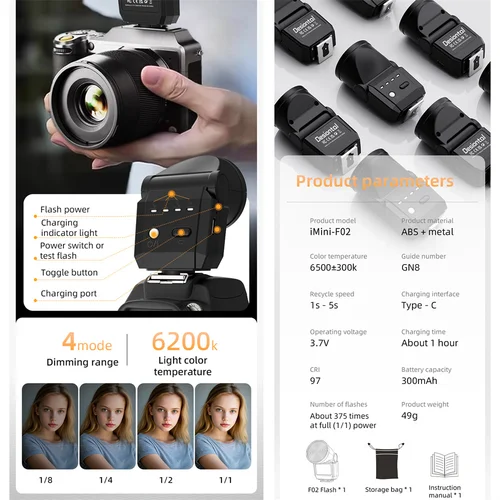 Imagen 2 del producto F02 Mini cámara Flash Speedlite para Canon Nikon Sony Fuji Olympus la mayoría de las cámaras SLR GN8 6500K Flashes con zapata fría