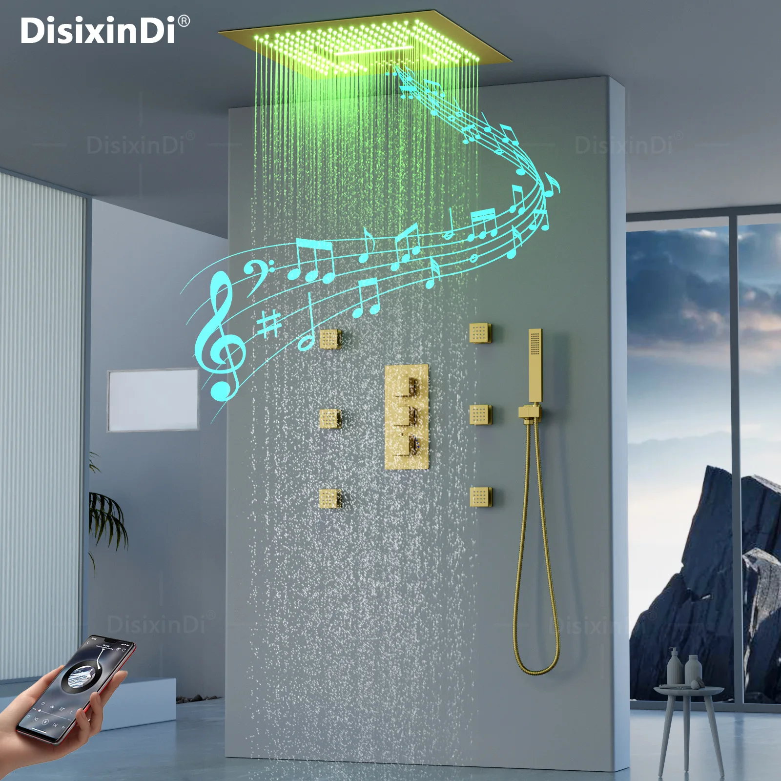 Brushed gold wall type constant temperature concealed shower set, ceiling embedded 16 inches