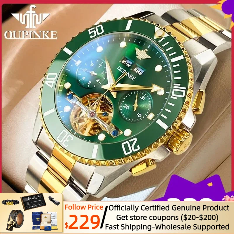 

OUPINKE Diving Mechanical Watch for Men TOP Brand Skeleton Waterproof Sapphire Luminous Date Business Automatic Men's Watch