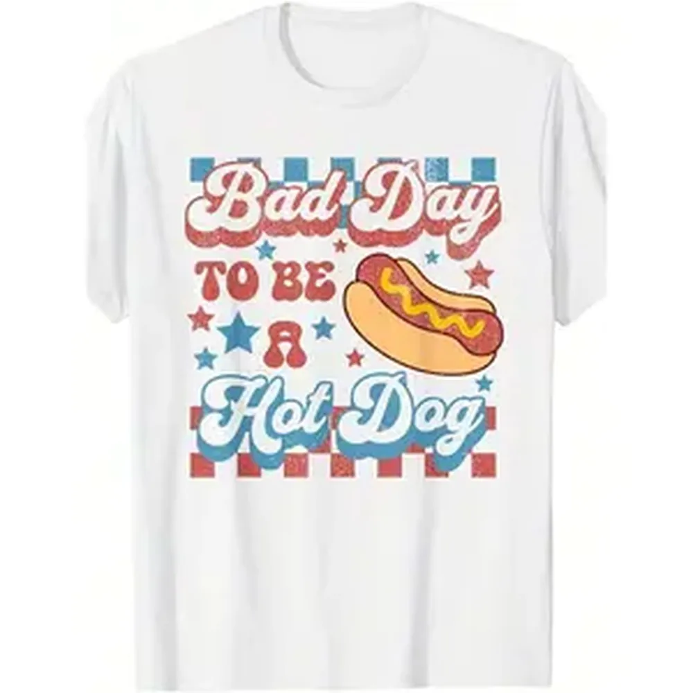 Funny 4th Of July Hot Dog T-Shirt - Bad Day To Be A Hot Dog BBQ Graphic Novelty Tee, Retro Sizzling Frankfurter & Buns Design For 4th Of July Party Outfits, Machine Washable Casual Wear