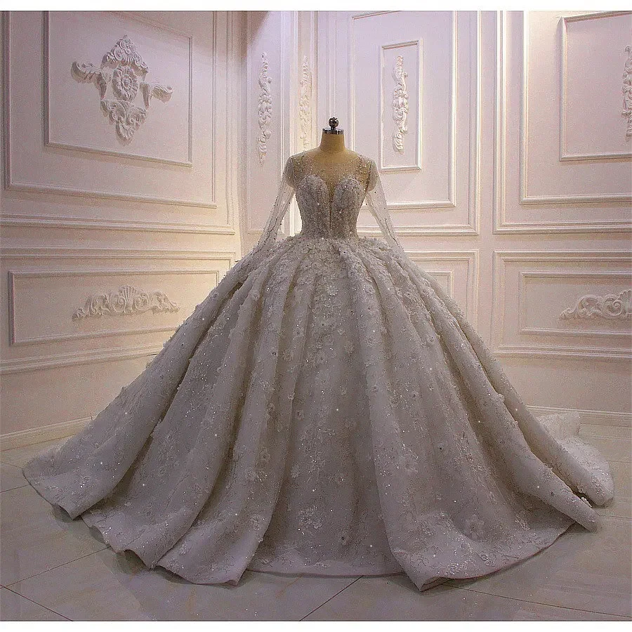 Exquisite Floral Wedding Dresses Long Sleeve Shiny Beading Appliques Gown For Bridal 2024 Women Robes Mariage Custom Made