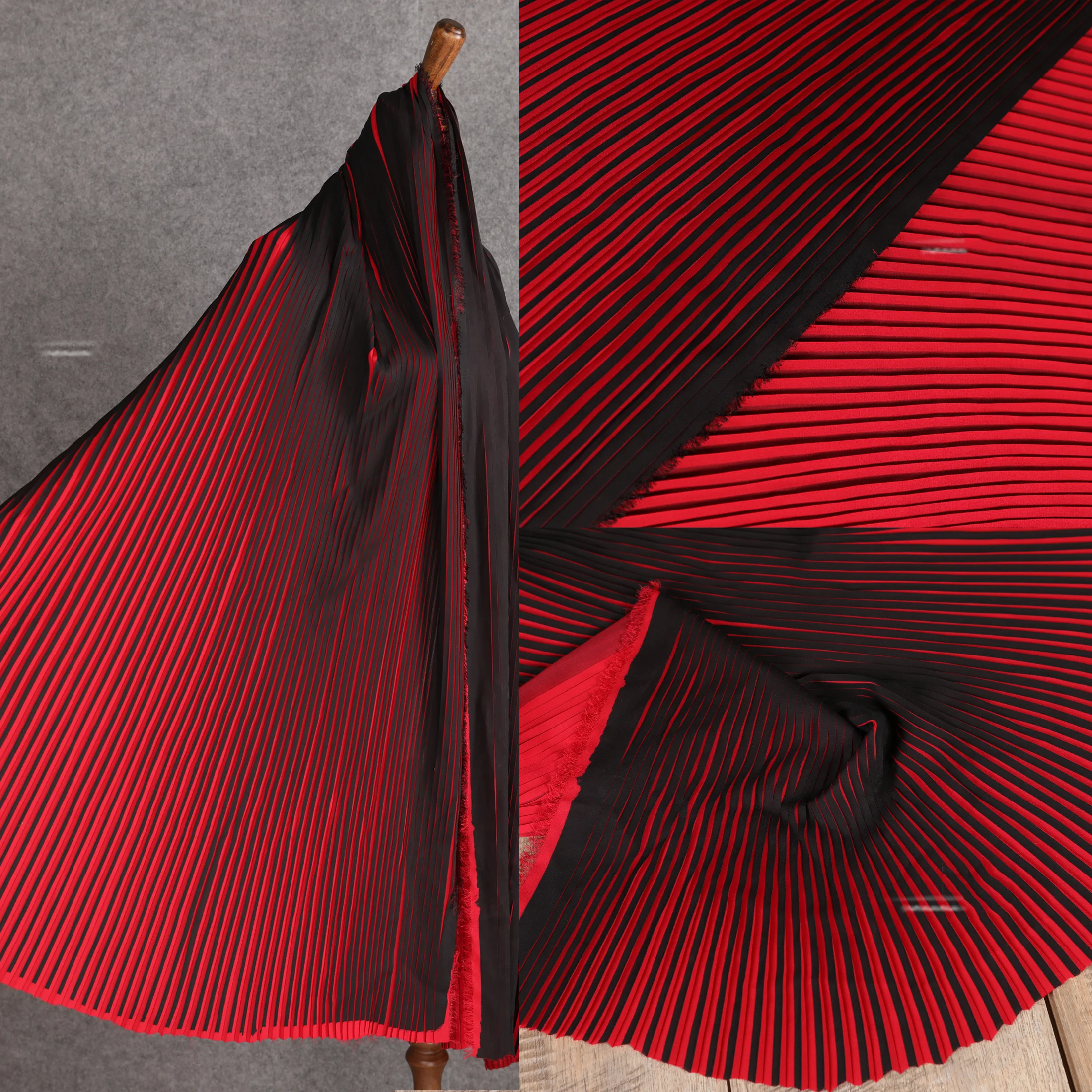 Black Red Stripe Pleated Chiffon Fabric Per Half Meter,Sew Dress Designer Fabric,DIY Fashion Creative Quilting Materials