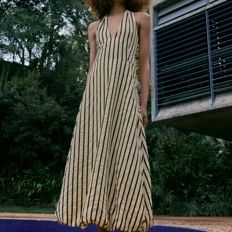 Summer 2026 New Women's Casual Style V-Neck Sleeveless Stripe Balloon Dress Vacation Vibes Casual Wear Polyester Fabric