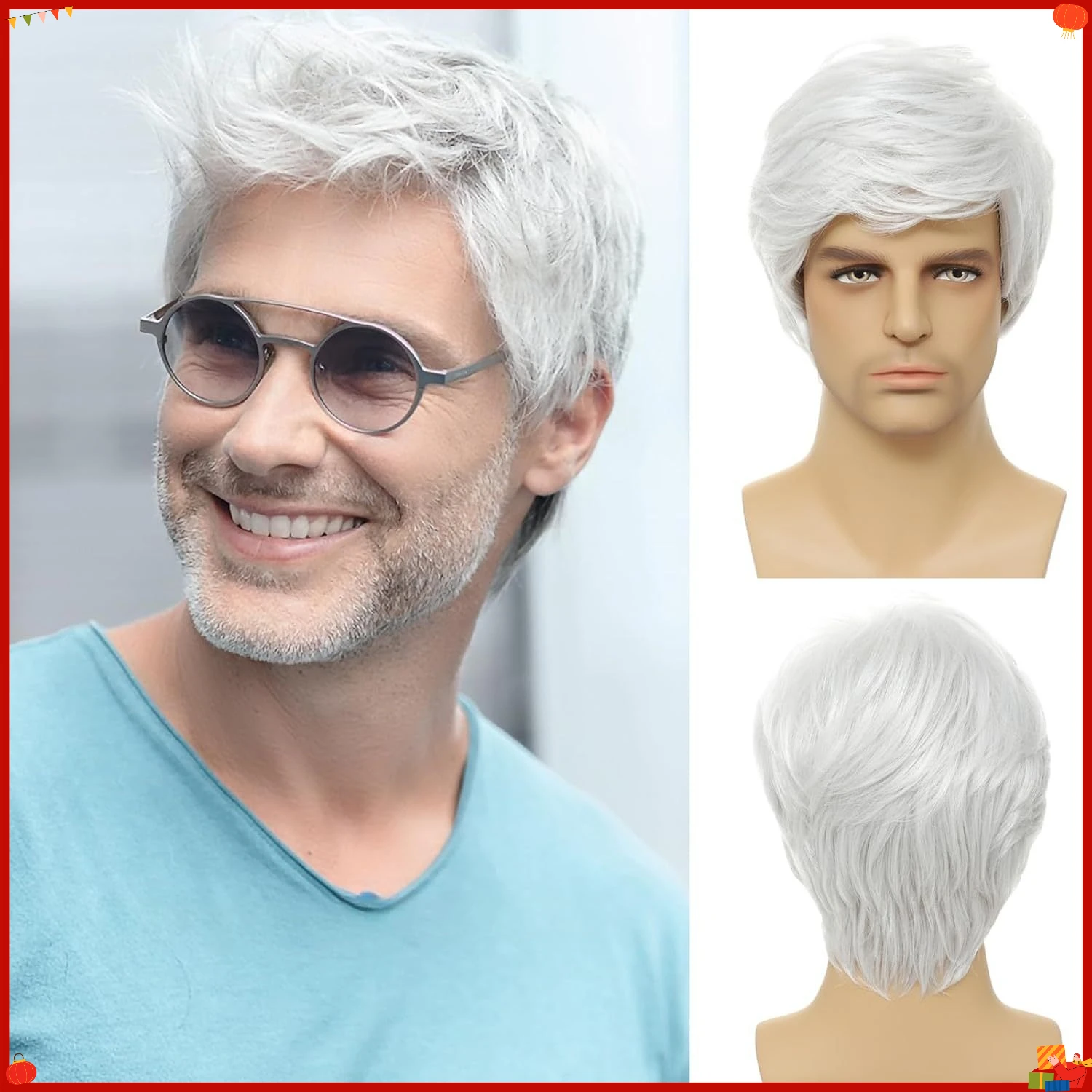 Synthetic Short White Side Part Men’s Wig Stylish Straight Fiber Hair Cosplay Costume Party Daily Use Adjustable Cap