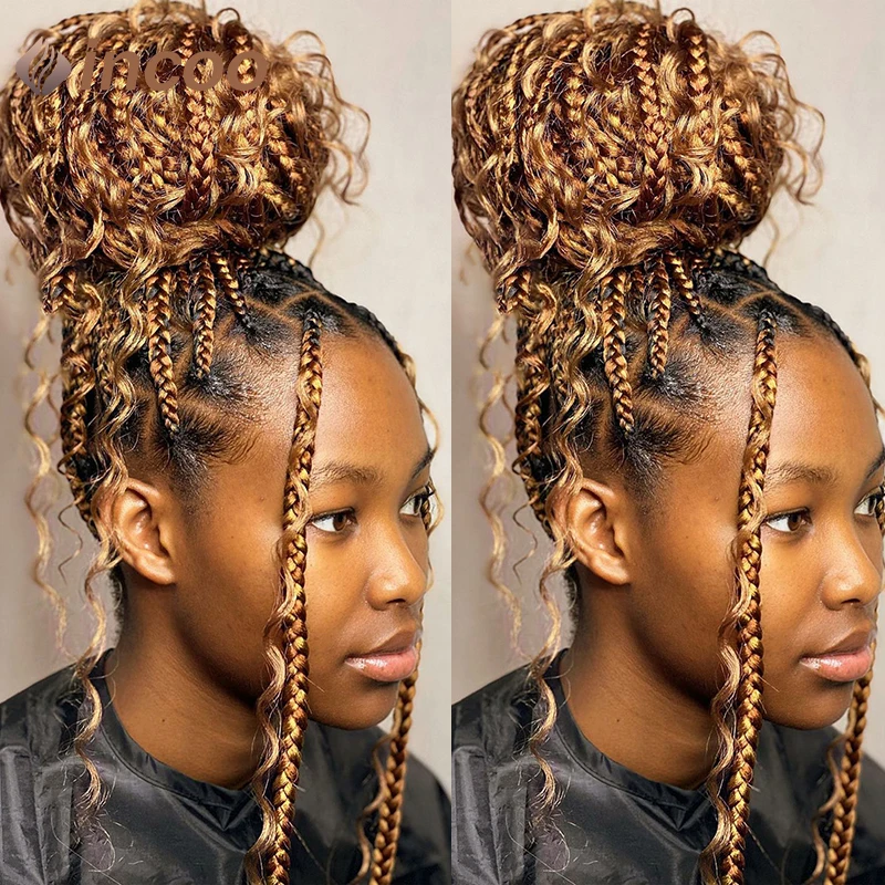 

32" Full Lace Boho Braided Wigs Synthetic Blonde Box Braids Wigs for Black Women Curly Frontal Wig Goddess Bohemian Braiding Wig