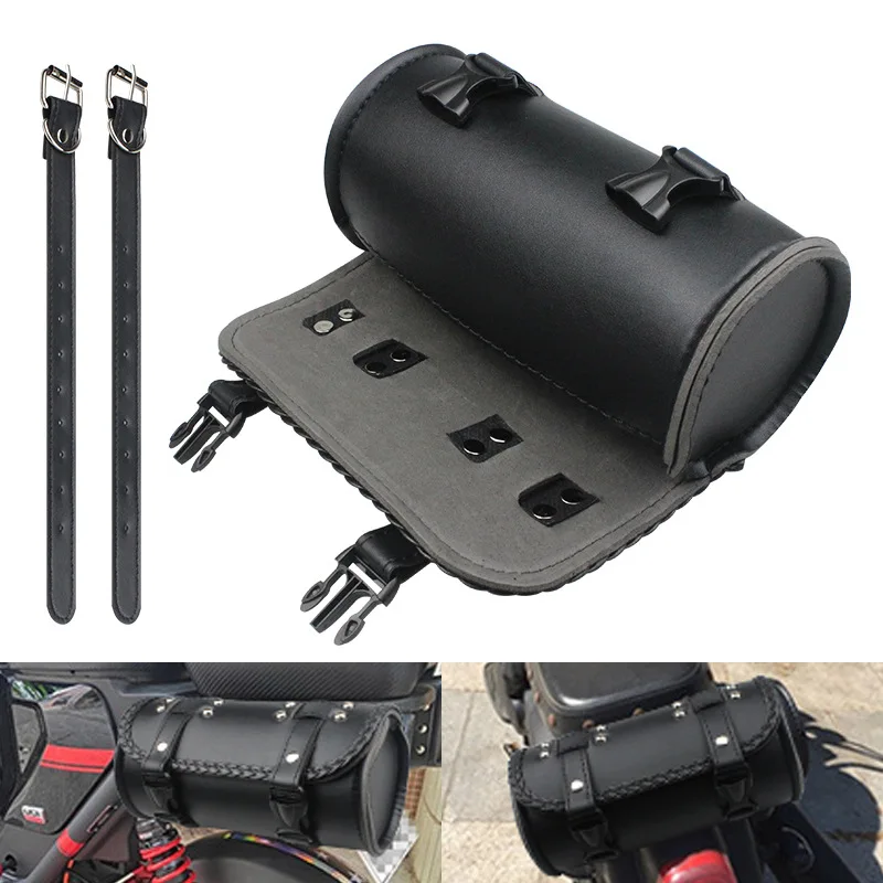 Vintage Braided Cylindrical Motorcycle Handlebar Bag PU Leather Universal Cruiser Fork Tool Storage Saddle Pouch