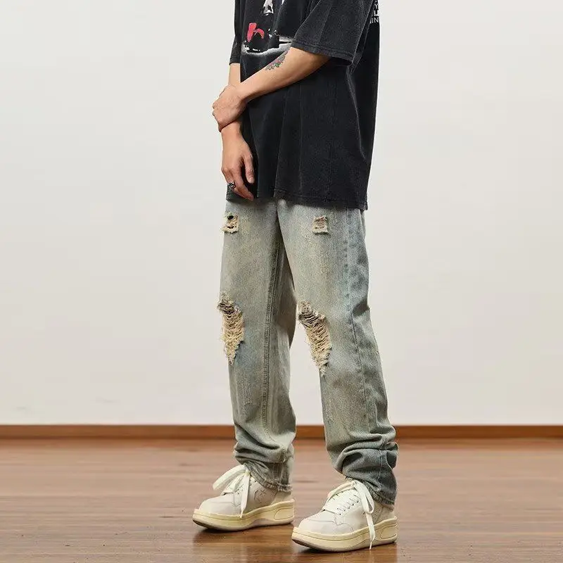 

Men's retro street wide leg long pants American style dyed and washed distressed jeans high street pants baggy jeans