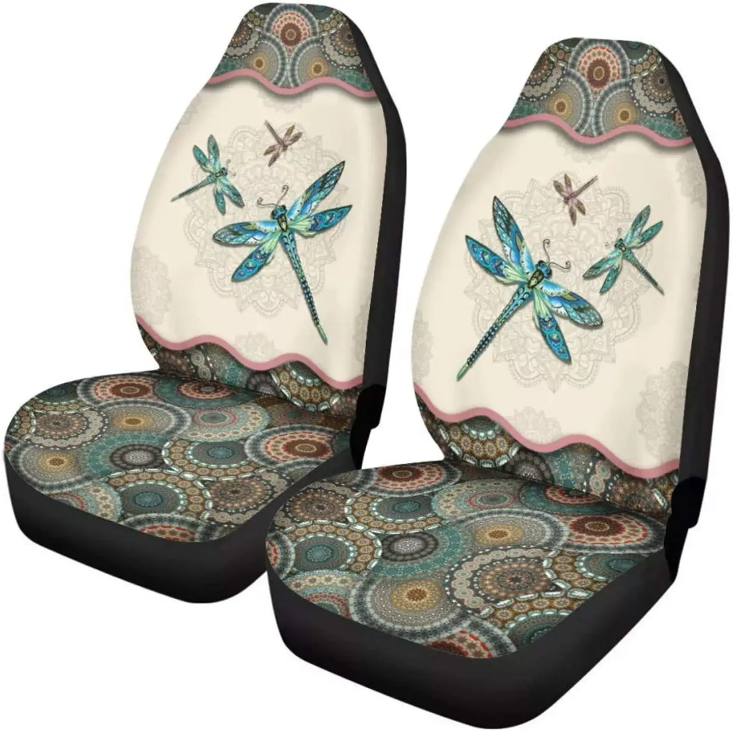 Boho Dragonfly Print Car Seat Covers 2 Piece Saddle Blanket Universal Bucket Seat Cover for Cars Vans Easy To Install Seat Cover