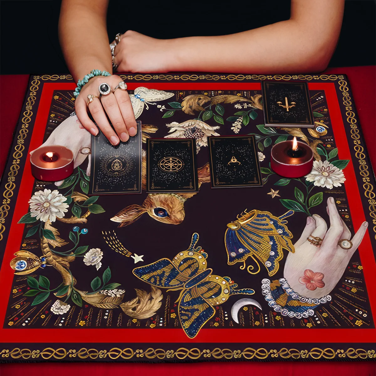 Nappe de Tarot pour Tarot Divination lapin papillon fleur lune autel tissu nappe sorcellerie oracles tissu décoratif