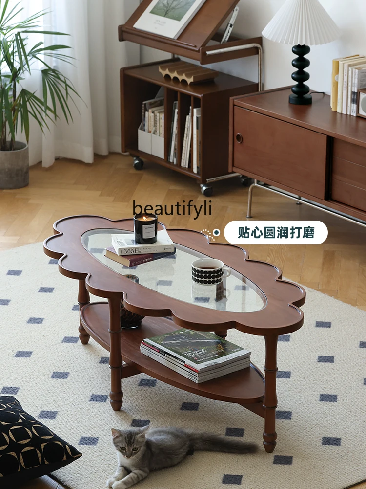 

Nordic solid wood oval coffee table small apartment boxwood retro living room creative side table