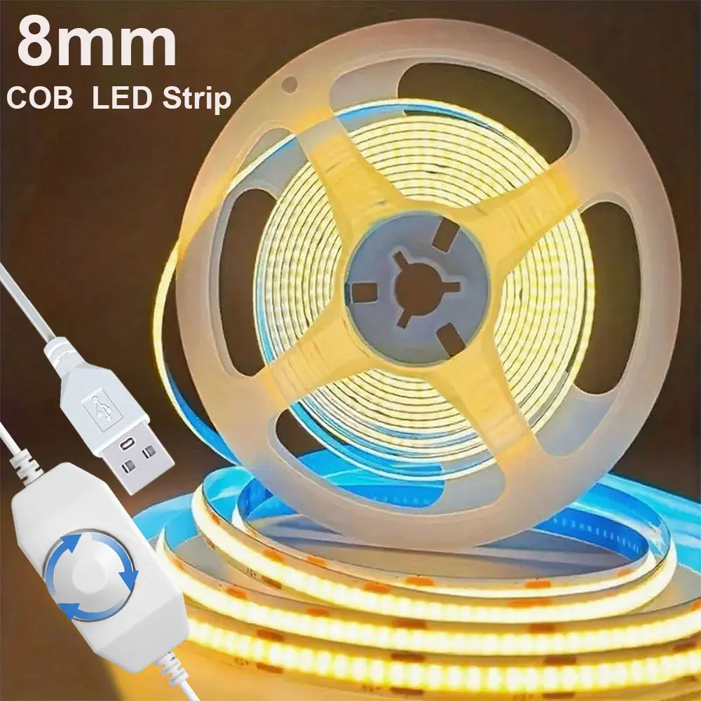 USB COB LED Strip Lights 8mm Flexible LED Light Strip with Dimmer Dimmable Brightness, for Indoor/Bedroom, Kitchen, Wedding