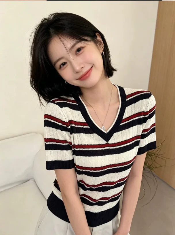 French Style Slim Fit Short Sleeve V-Neck Striped T-Shirt Women's Summer Knitted Top Color Block Stripe Design Versatile Shirt