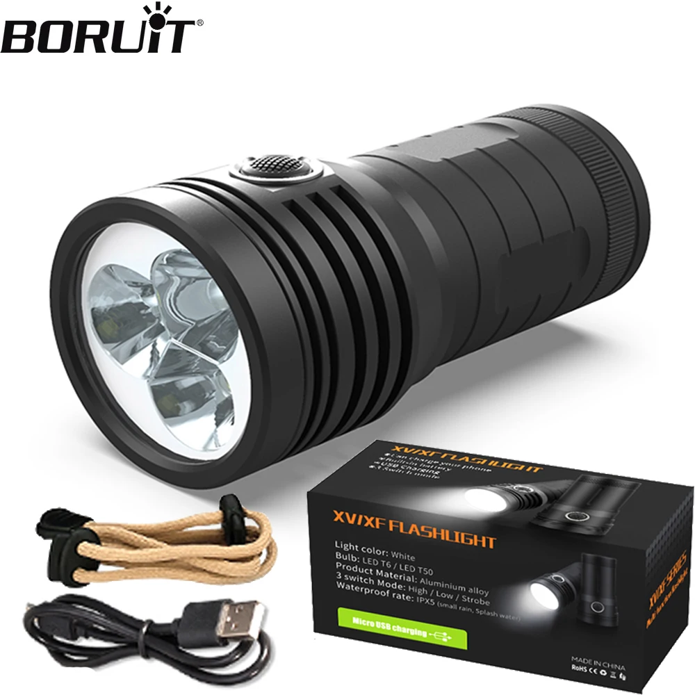 BORUiT 30W Powerful LED Flashlight 5000LM 4800Amh Ultra Bright Torch USB Rechargeable Handheld Flashlight Built-in battery