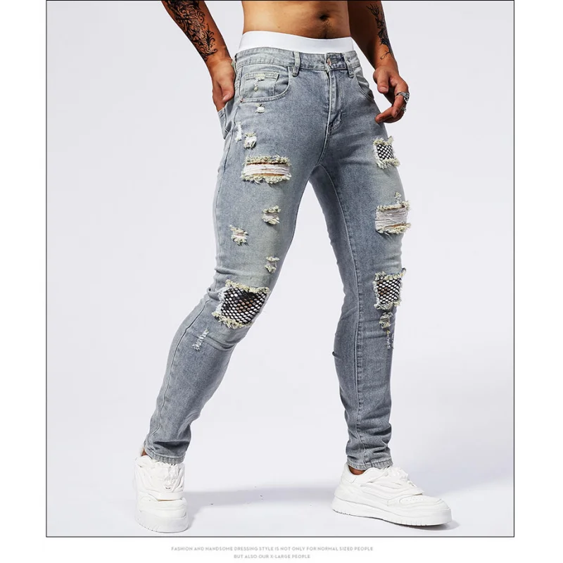 

Patch sequin rhinestone jeans for men with torn holes, elastic summer fashion, casual fit, small foot muscle tight pants