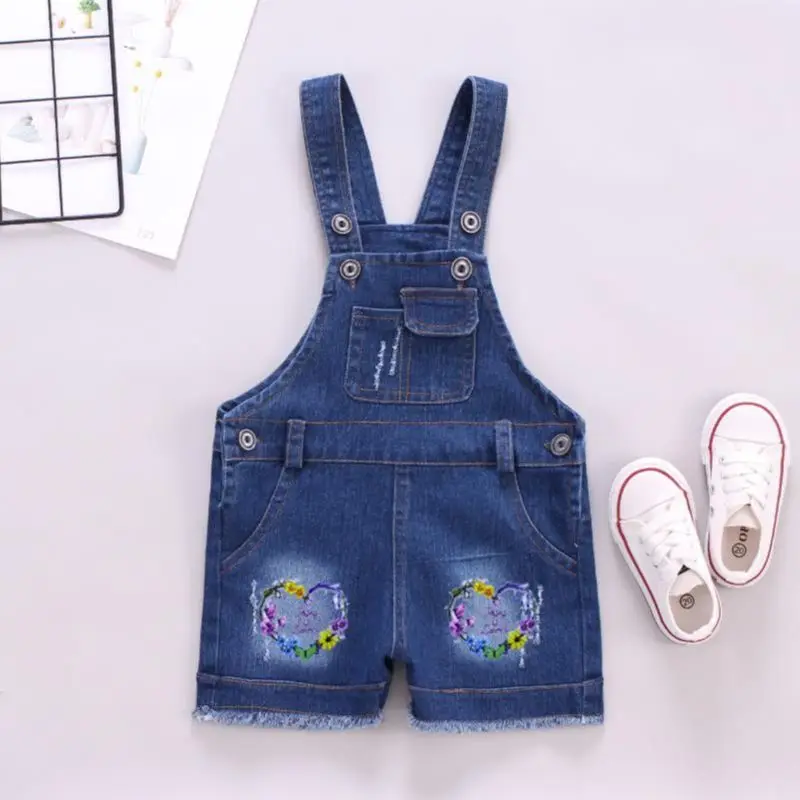 2024 SPRING Summer  Girl Jumpsuit Cute Sweet Fashion Washed Jeans Denim Romper Jumpsuits Straps Short Pants Cowboy Blue