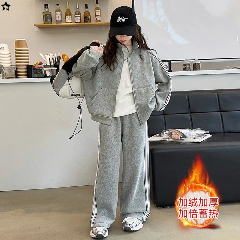 

Girls' Fleece-lined Sports Set, Loose Casual Wear, 2025 New Arrival, Autumn and Winter Hoodie Two-piece Set, Suitable for Big Ki