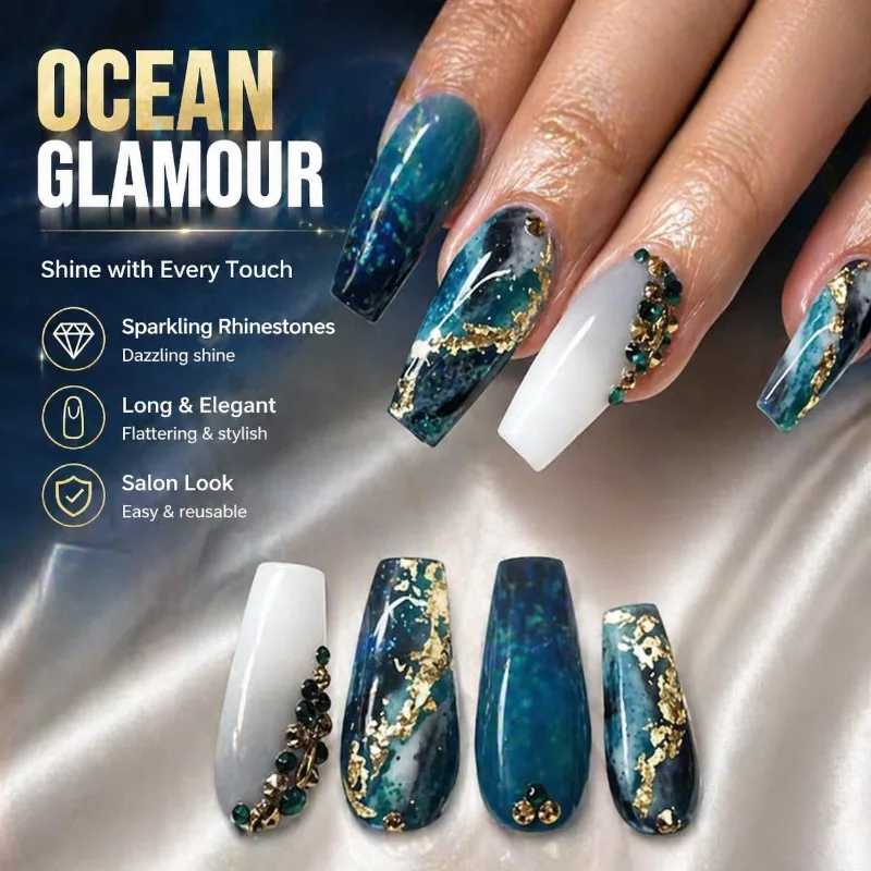 European Trendy Sparkling Long Press on Nails Gradient Blue False Tips with Shiny Rhinestone Embellishments Wearable Manicure