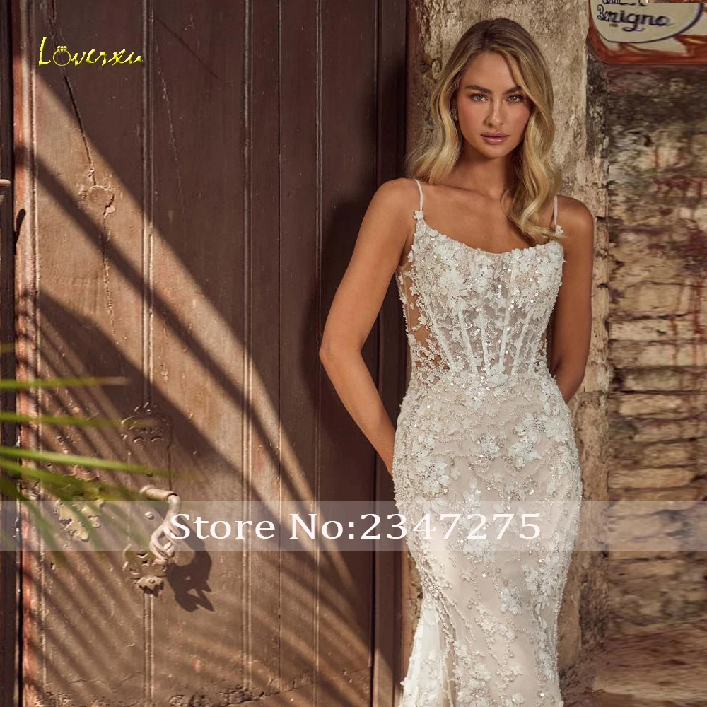 Loverxu sereia vestidos de casamento sexy colher cintas de espaguete vestido de novia bordado trem destacável feito sob encomenda vestido de noiva