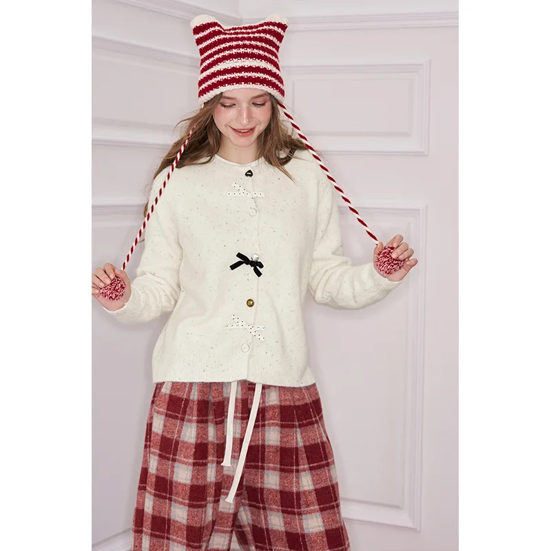 ELFSACK Preppy Sweet Kardigan damski z ozdobną kokardą 3D i różnymi guzikami