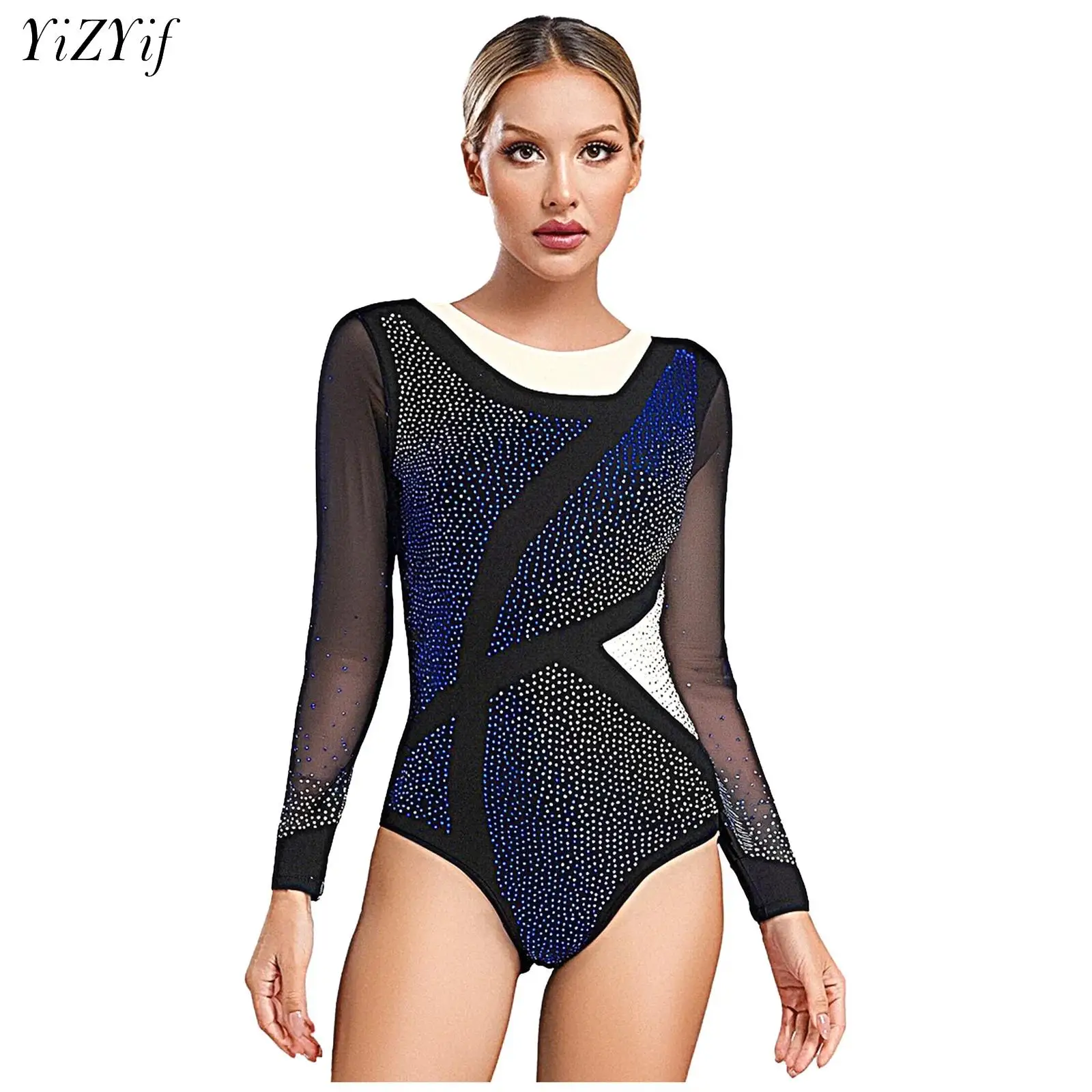 

Womens Patchwork Gymnastics Jersey Dance Leotard Rhinestone Ballet Dance Bodysuit Acrobatics Dancewear Figure Skating Costume