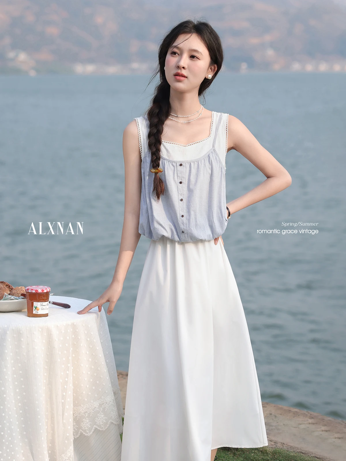 

ALXNAN Women's Long Dress Elegant Holiday Midi Sleeveless Dress 2025 Summer A-line Casual Fake Two-piece Female Clothing L55527