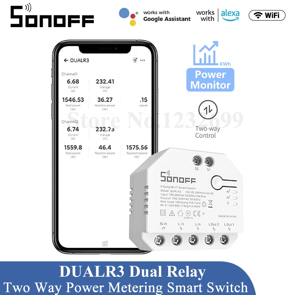 

SONOFF DUALR3 Wifi DIY MINI Switch Remote Two Way Power Metering Dual Relay Module Timing eWeLink Smart Home Siri Voice Control