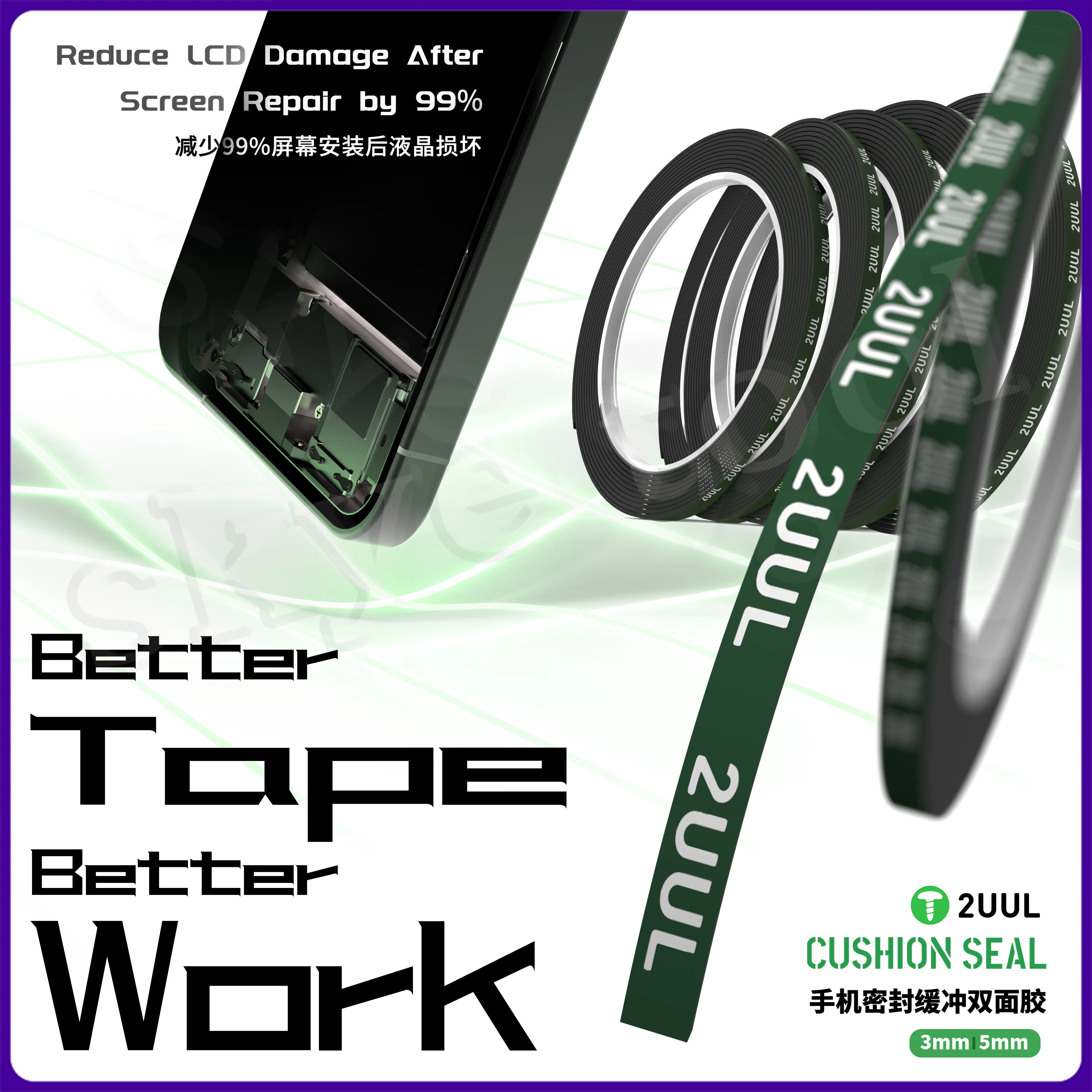 2UUL وسادة شريط عزل الشاشة الغطاء الخلفي الإطار إصلاح للصدمات توسيد حماية الوجهين الشريط ذاتية اللصق 3/5 مللي متر