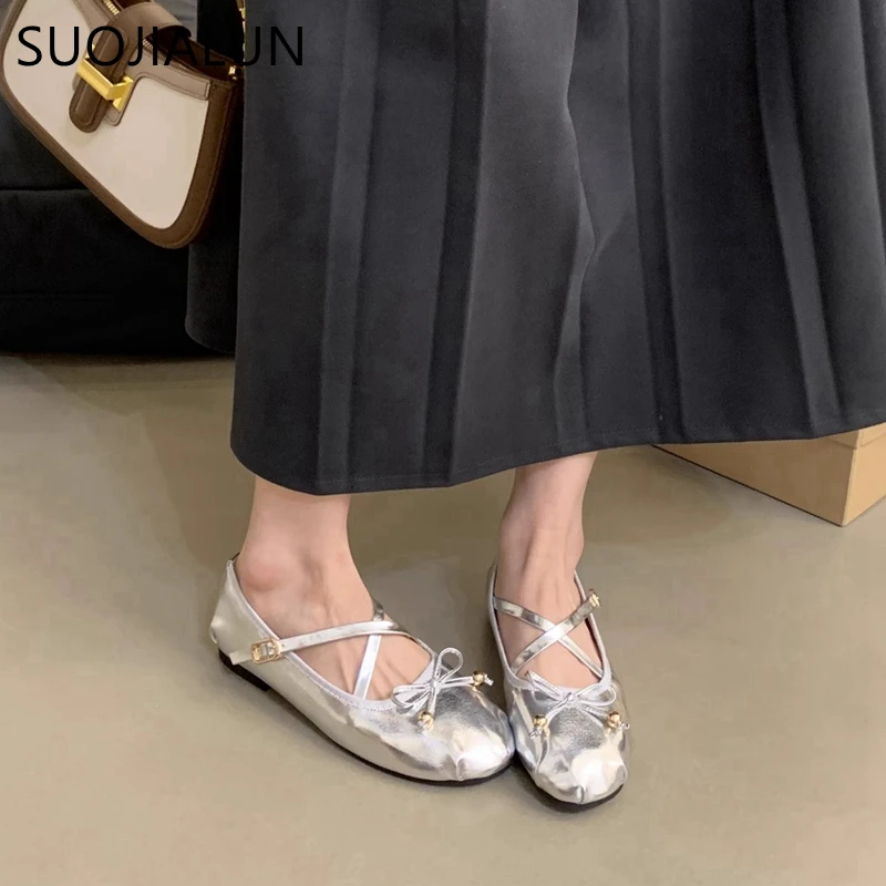 SUOJIALUN 2024 Autumn Women Flat Shoes Fashion Round Toe Shallow Slip On Ballerinas Shoes Ladies Soft Flat Heel Dress Mary Jane