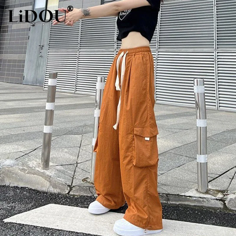 

2023 Spring Summer New Elastic Waist Pockets Drawstring Loose Wide Leg Trousers Women High Waist Y2K Street Hip Hop Long Pants