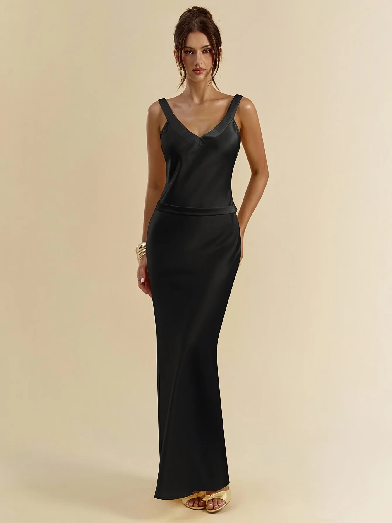 Vestido maxi feminino de cetim preto com decote em V e alça espaguete bodycon formal vestido de festa à noite