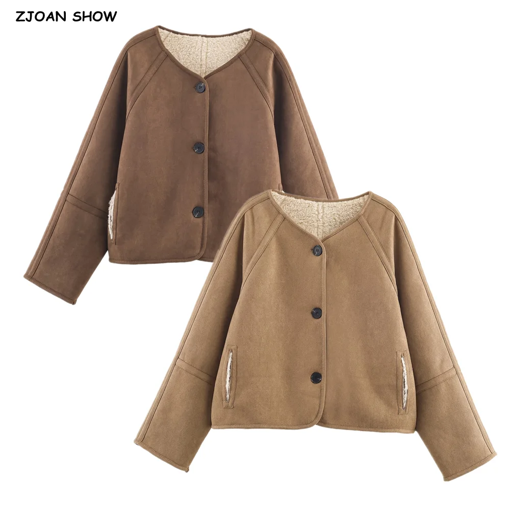 

4 colors 2025 Winter Vintage Faux Suede Double-faced Fur Coat Coffee Women V neck Open Buttons Full Sleeve Short Loose Outerwear