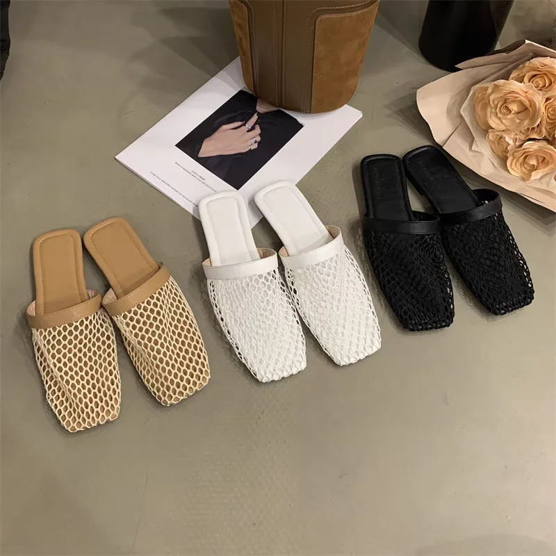 Summer Women Slippers Sexy Mesh Mules Indoor Home Slides Square Toe Female Flats Shoes Outdoor Clogs Beach Sandals Flip Flops