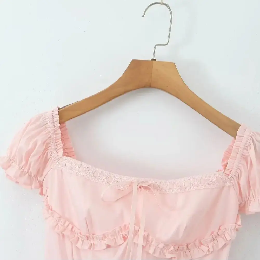 Sweet Pink Wood ears Low Chest Corset style Mini Dress Women Cross Lacing up Bandage Back Short Puff Sleeve Low Waist Party Robe