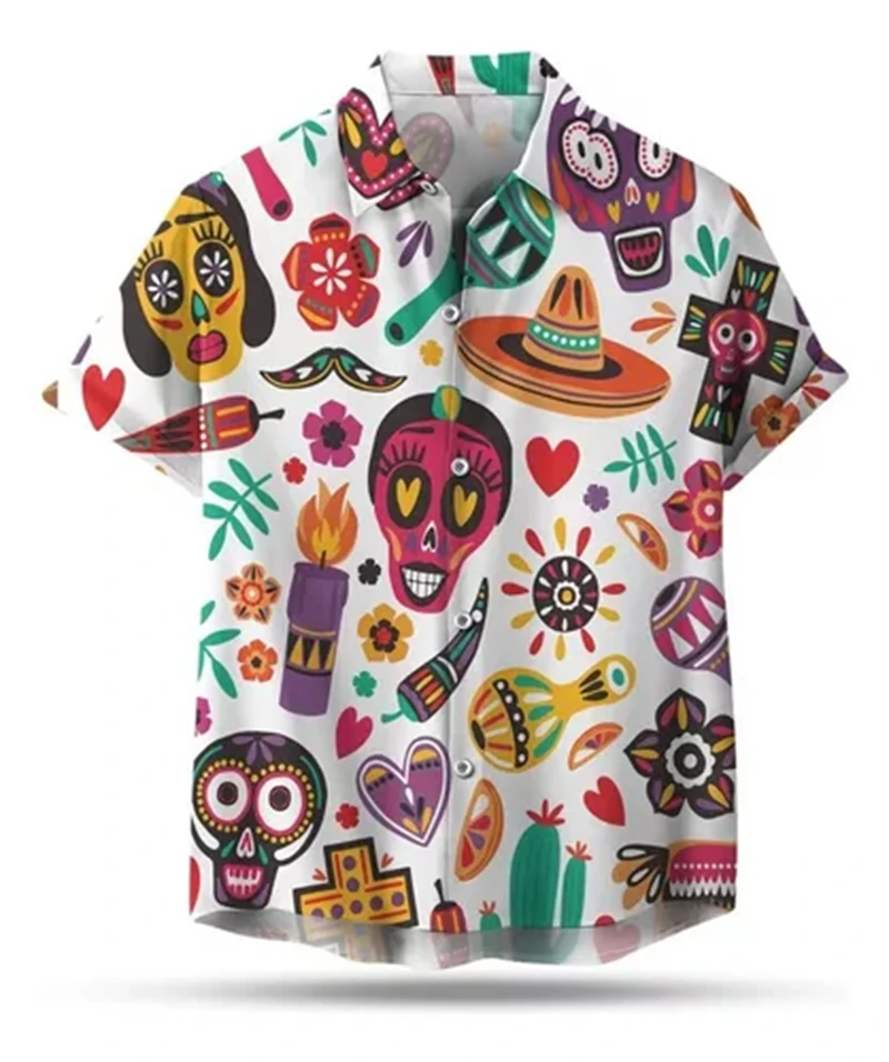 Camisa masculina para turismo estampada em 3D, camisa havaiana, blusa solta de manga curta, vintage, criativa, mexicana festa, verão, nova, 3XL