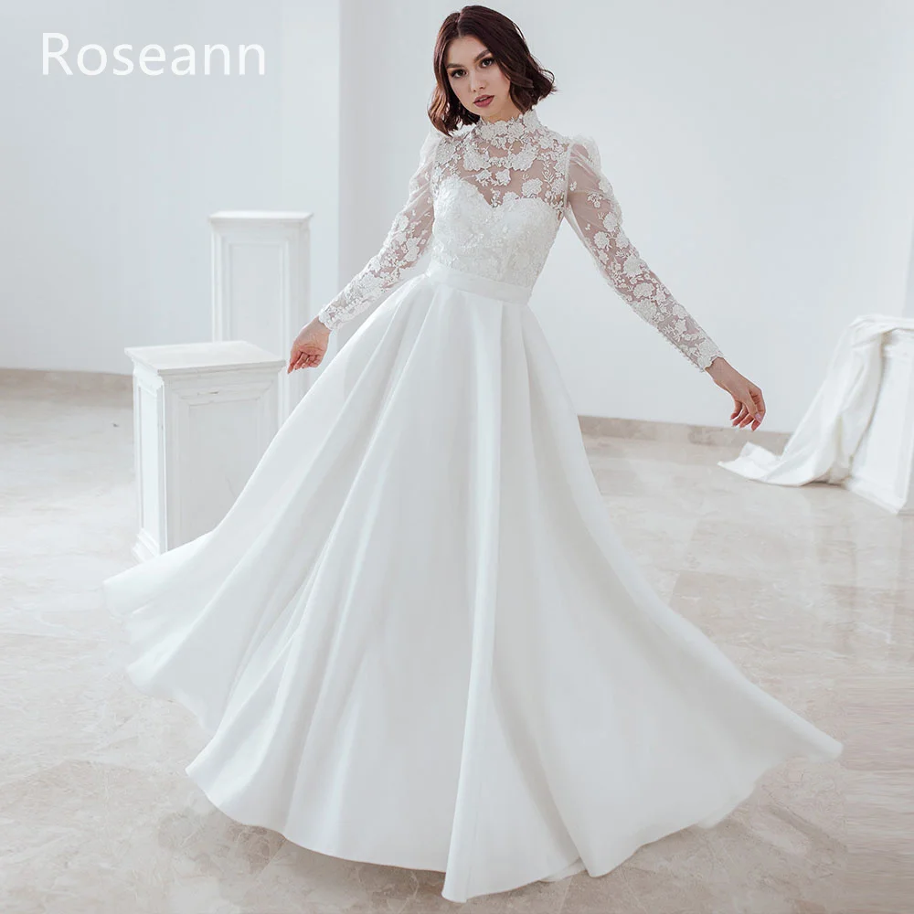 

Muslim A-line Wedding Dresses High Collar Tulle Flowers Draped Pleat Applique Bride Dresses Floor Length Full robe de mariée