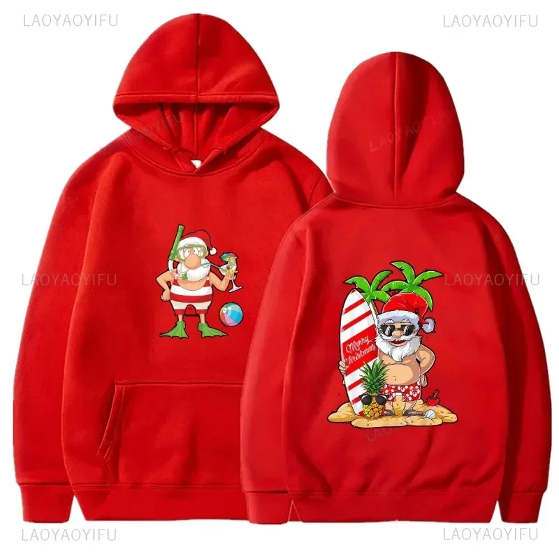 2024 Merry Christmas Hoodies Santa Claus Beach Surfing Diving Printed Men and Women Cartoon Long Sleeve Autumn Warm Sweatshirt