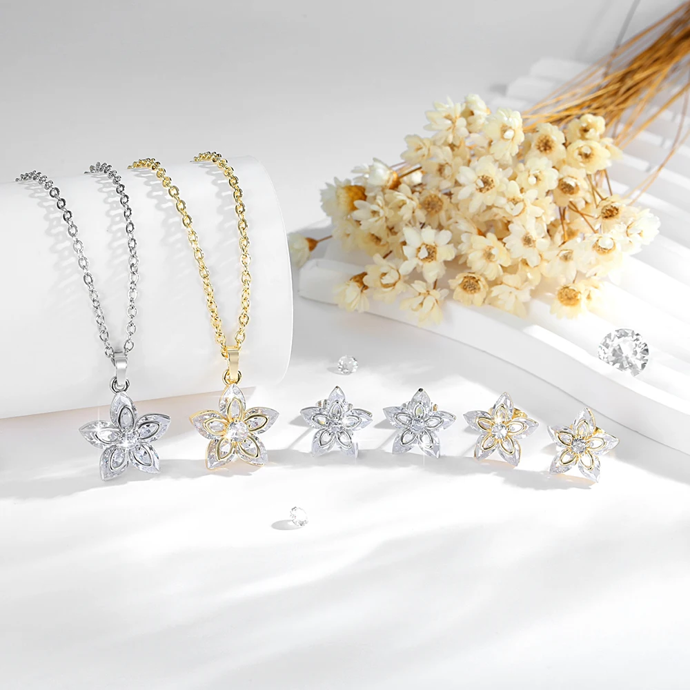 

Flower-shaped pendant earrings jewelry set, fashionable and exquisite design, o-chain inlaid zircon necklace