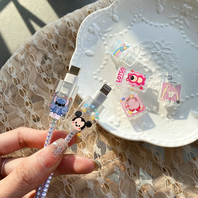 Disney Anime Stitch Data Cable Protection Cover Kawaii Minnie Mouse Lotso Creative Transparent Data Cable Protective Gifts