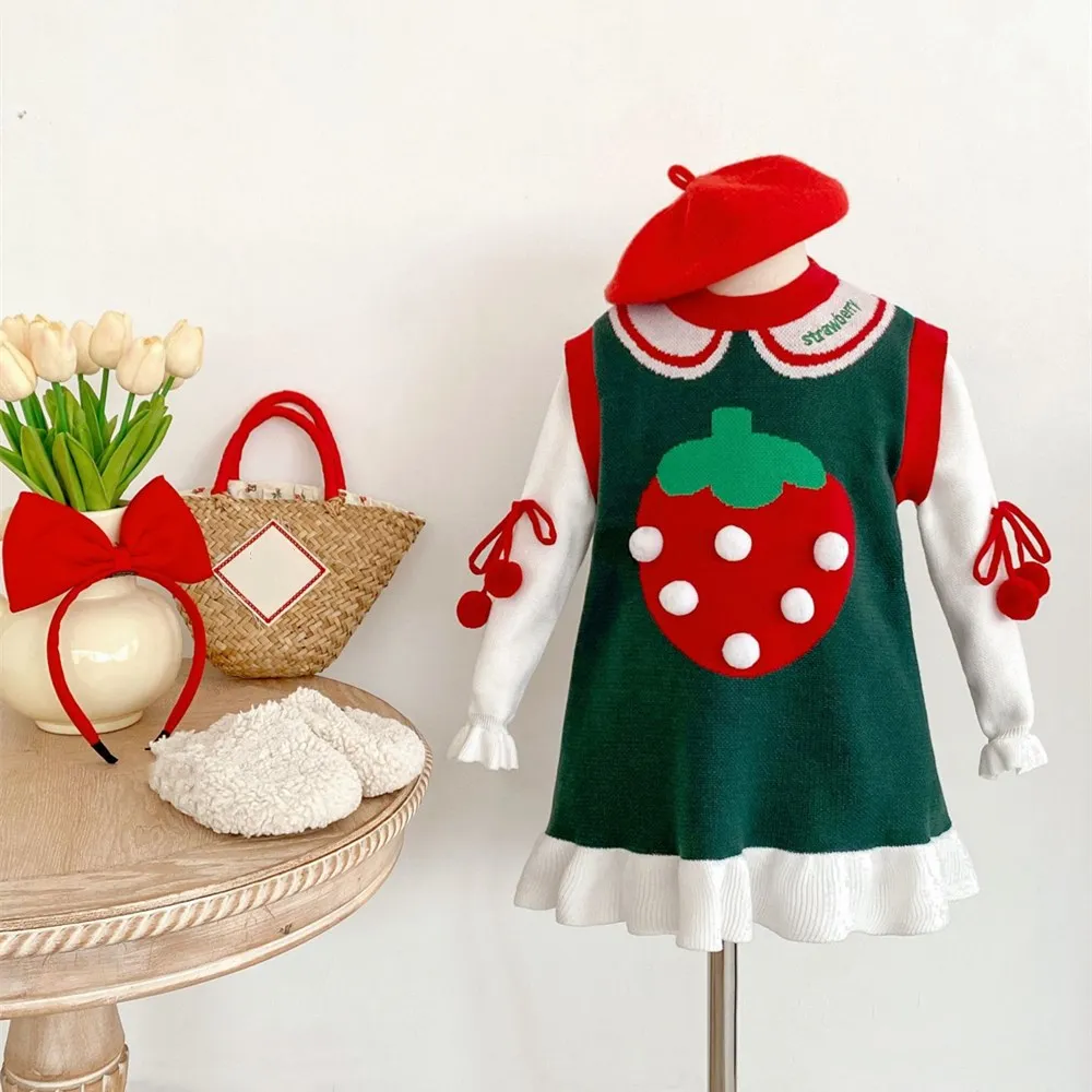 

kids clothes baby dresses Strawberry patterned countryside style cute girls' knitted dress Girls' sweater dress