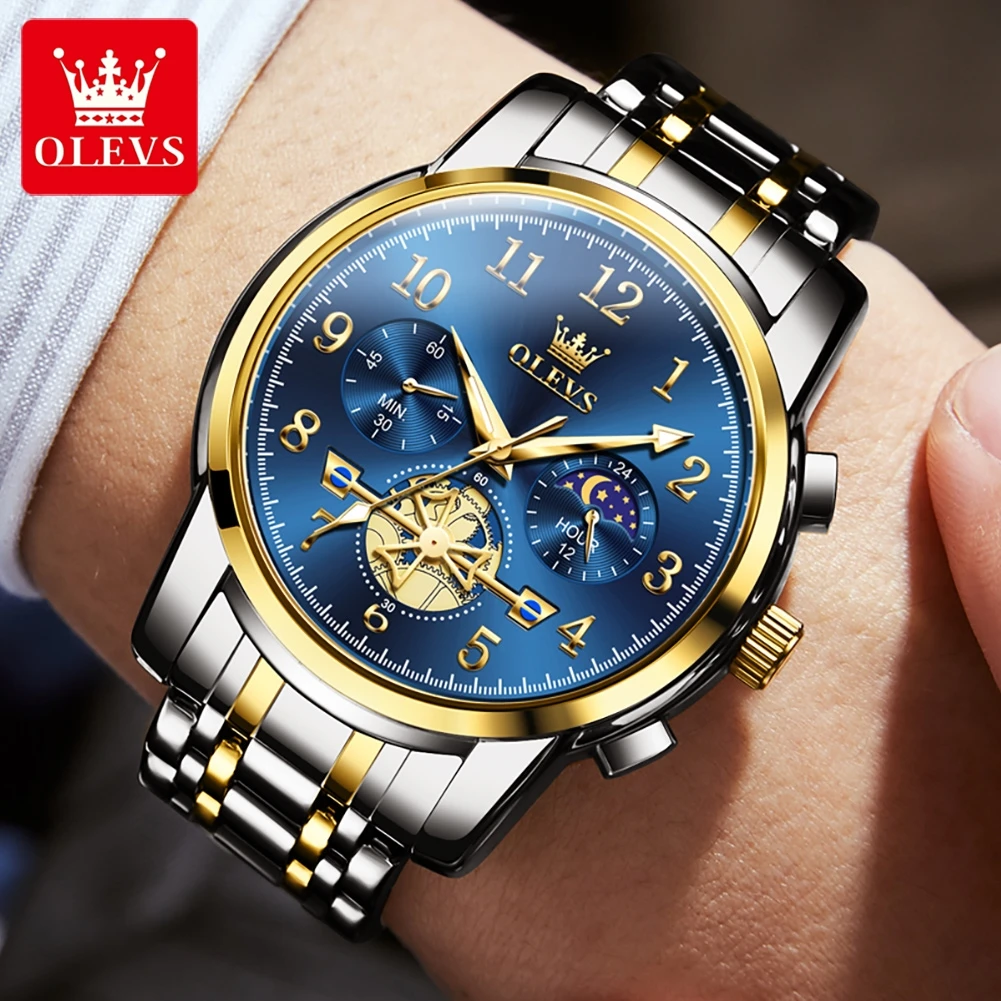 OLEVS brand2900 Men\'s Watches Stainless Steel Calendar Moon phase Watch Chronograph Big Dial Men\'s Wristwatches Original