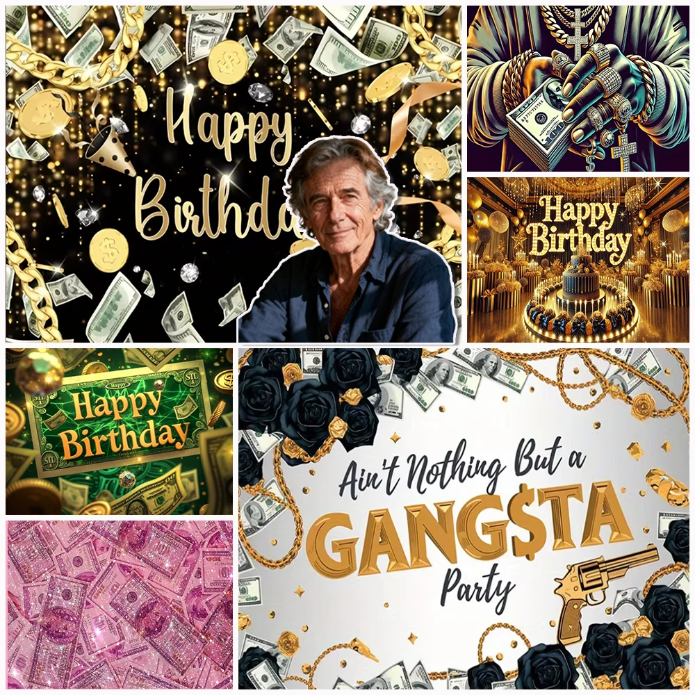 

Gold Glitter American 100 Dollars Birthday Party Decoration Background Bitcoin Mafia Rap Old Money Style Photography Backdrop