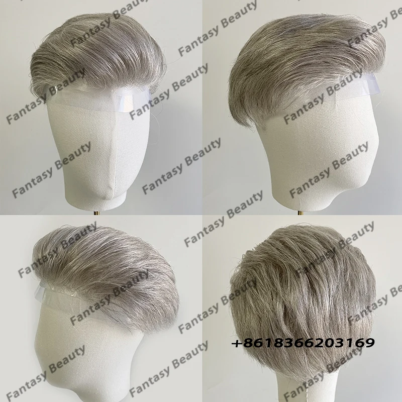 Men Grey Human Hair Toupee Platinum Blonde 60R Full Vlooped 0.06mm Base Undetectable Ultra Thin Skin Natural Hairline Hairpieces