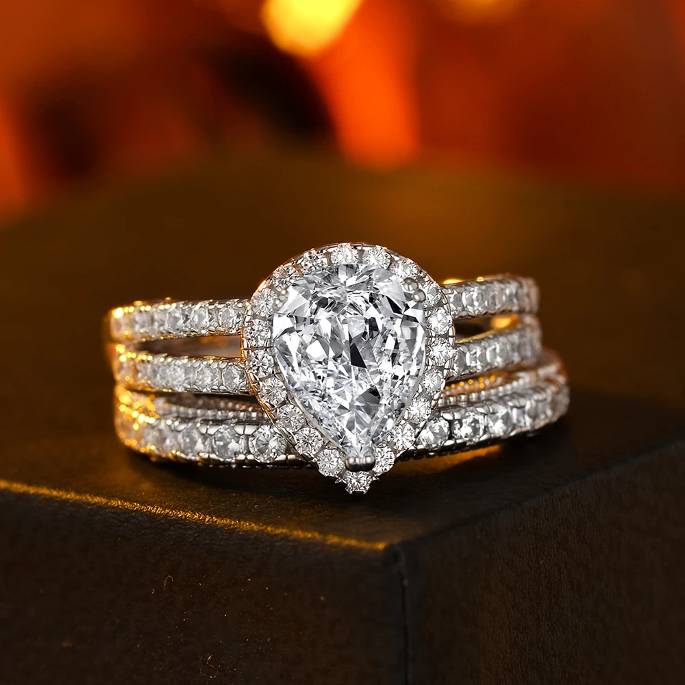 

Женское кольцо из стерлингового серебра 925 пробы, роскошный дизайн в форме груши в форме капли, комплект из двух предметов, полностью покрытый с кубическим цирконием класса 5А