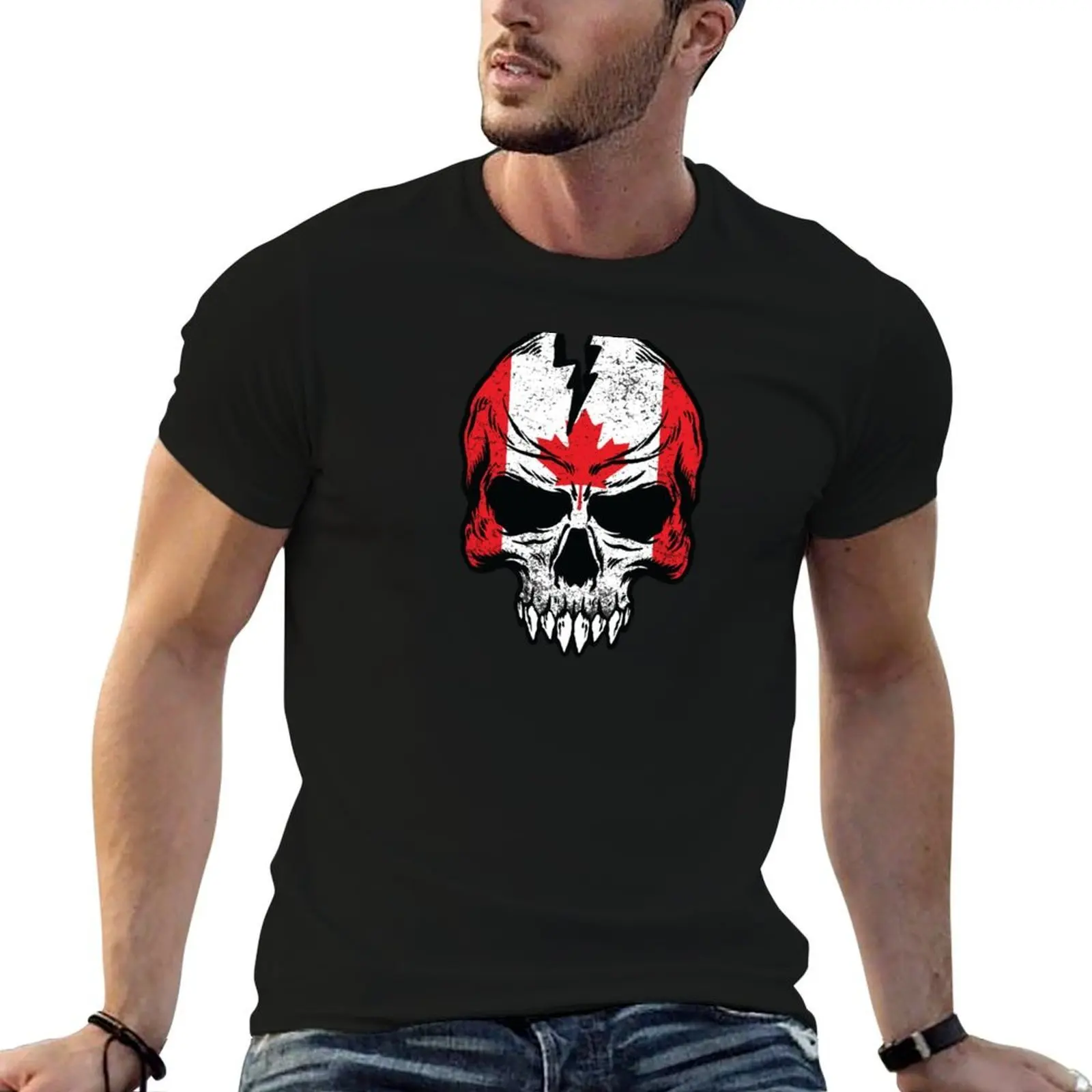 

Canadian flag on a broken distressed skull face T-Shirt cotton t shirts high quality man t shirt luxury T-Shirt