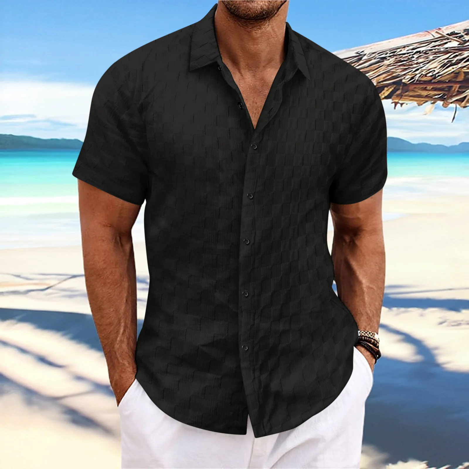 New men\'s beach series short-sleeved shirt cardigan solid color polyester fiber checkered top