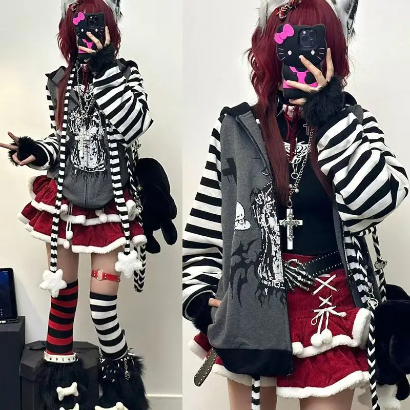 Japanese Subculture Demon Printed Hoodies Fashion Punk Style Striped Long-sleeved Hoodie Women Oversized Loose Cosplay Clothing