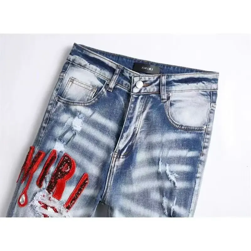 High Street stretch borduurwerk herenjeans gescheurde streetwear jeans punkstijl broek voor heren slanke mode kleine voeten herenjeans